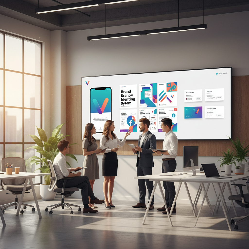 A professional Vietnamese marketing team in a modern office, collaborating on a large screen displaying a cohesive brand identity system including mobile app UI, social media templates, and business cards. Sunlight streaming through a window, clean and minimal aesthetic.